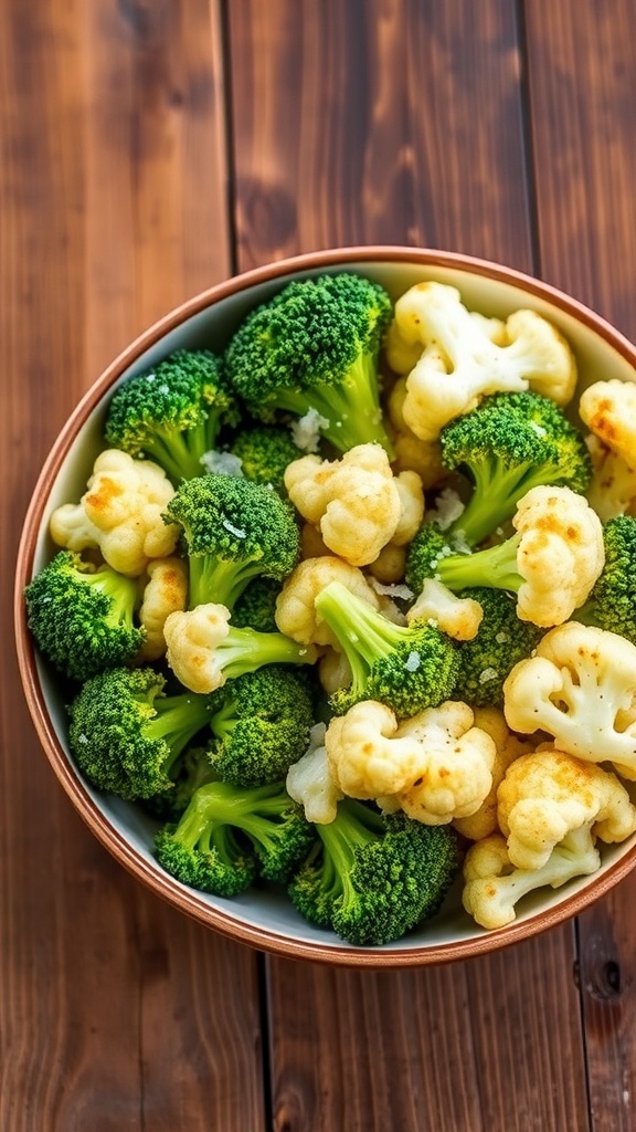 Crispy air-fried broccoli and cauliflower garnished with Parmesan cheese on a rustic table.